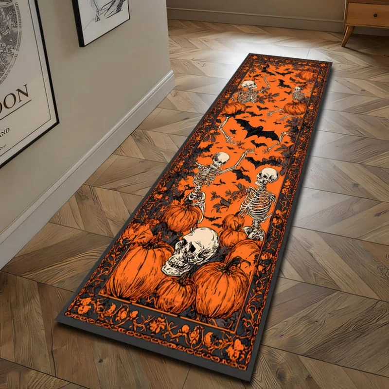 VIKAMA Halloween Skeleton Pumpkin Bat Runner Rug Orange Background Non Slip Washable Hallway Entryway Floor Mat Home Decor