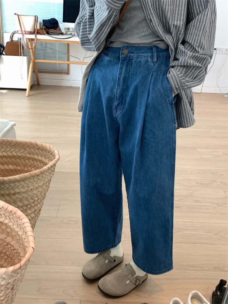 

Plus Size plus Size Women's Loose Fit High Waist Denim Wide Leg Pants Deep Blue Conceal Hip Nine Points Casual Trousers for H...