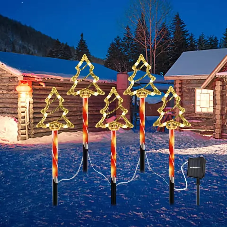 5PC/Set Solar Candy Christmas Tree Garden Lights Outdoor Waterproof Green Warm White LED Lawn Lamp Yard Holiday Christmas Decor