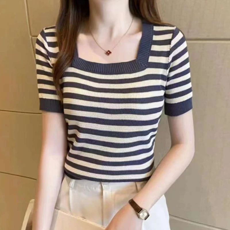 

Square Collar Shirts Knitted T Shirt Women Short Sleeve Top Striped T Shirts 2023 Summer Casual Korean Womens Clothing Slim Tees