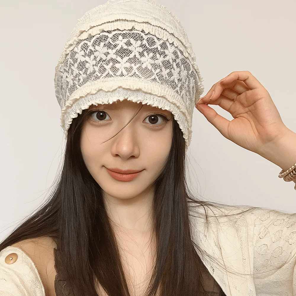 لطيف الجوف خارج المطرزة الدانتيل قبعة تنفس حار فتاة قبعة صغيرة Y2k رقيقة زهرة قبعة الملابس والاكسسوارات