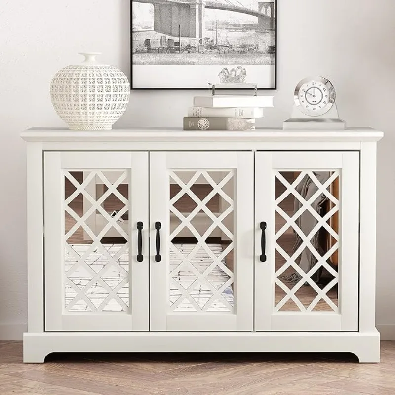 Millicent 3 Door Sideboard with Acrylic Mirrors, Kitchen Buffet Cabinet, Farmhouse Coffee Bar Display Cabinet