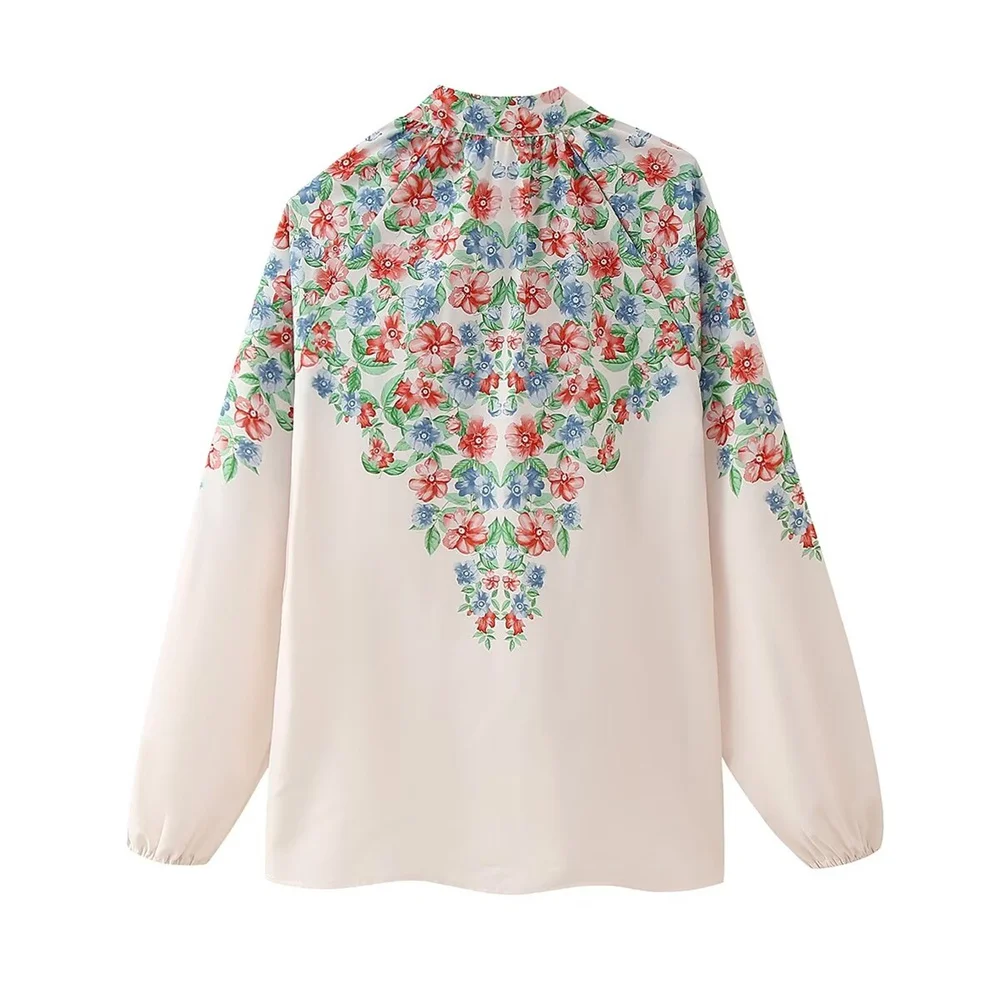 Taop&Za 2024 Spring New Product Women\'s Fashion Casual Print Long sleeved Standing Neck Fragmented Flower Loose Shirt