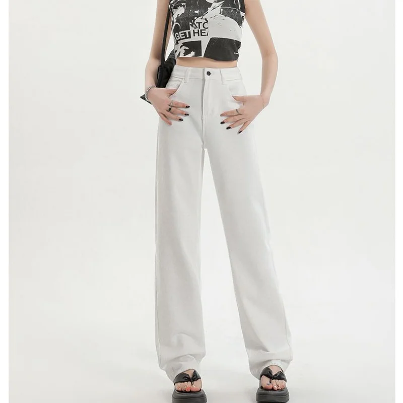 

Hot Sale Classic Lady High Waist Thin Jeans Female Solid Color White Denim Trousers Girls Ins Fashion Straight Leg Pants