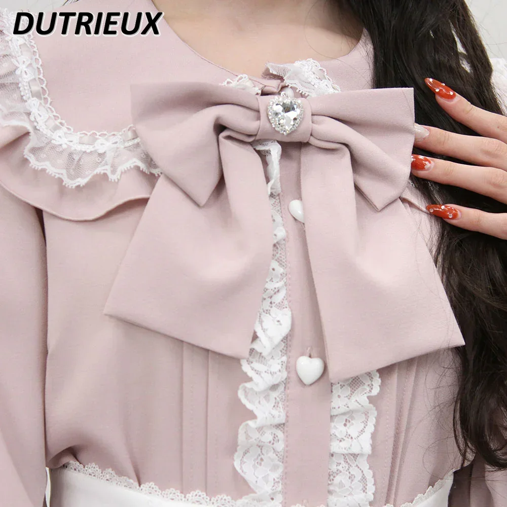 Spring New Japanese Sweet Cute Girls Lace Bottom Shirt Solid Color Versatile Big Bow Blouse Lolita Doll Collar Long Sleeve Tops
