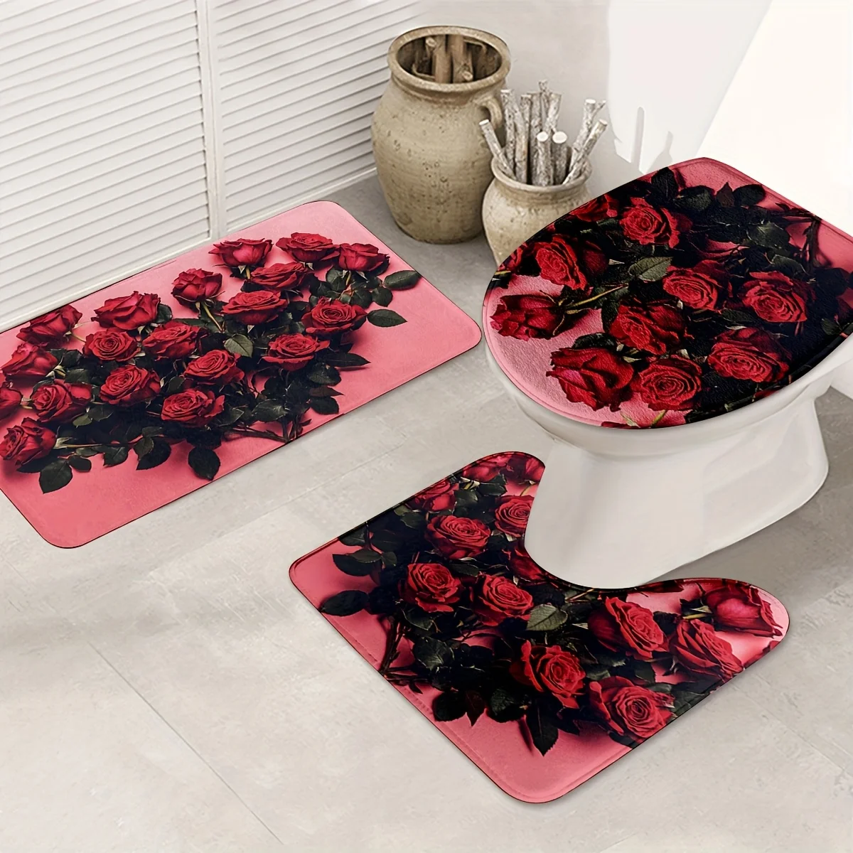 

Набор из 3 предметов: нескользящие U-образные коврики с принтом роз, нескользящие коврики, чехлы на сиденья унитаза, подходят для украшения ванной комнаты.