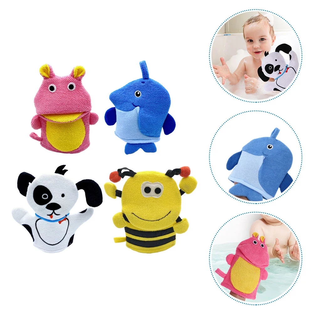 

4 Pcs Cartoon Bath Gloves Washcloths Bathroom Bathing Foaming Cleaning Sponges Towel Toddler Comfortable Scrubber Wipe Face