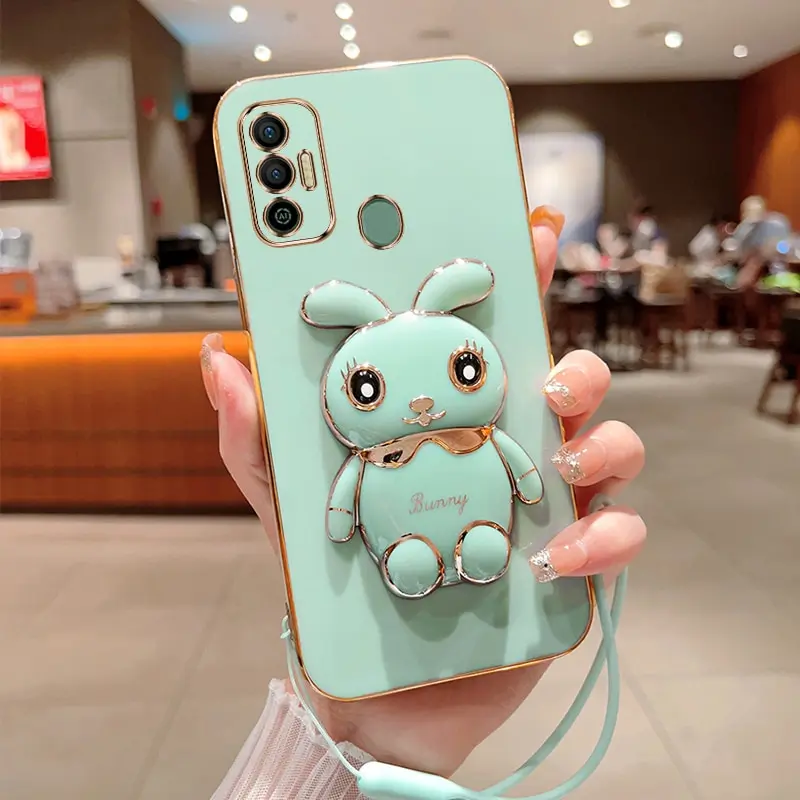 Phone Case For Infinix Tecno Spark 7 Luxury Plating Square Rabbit Holder With Landyard Phone Case Cover