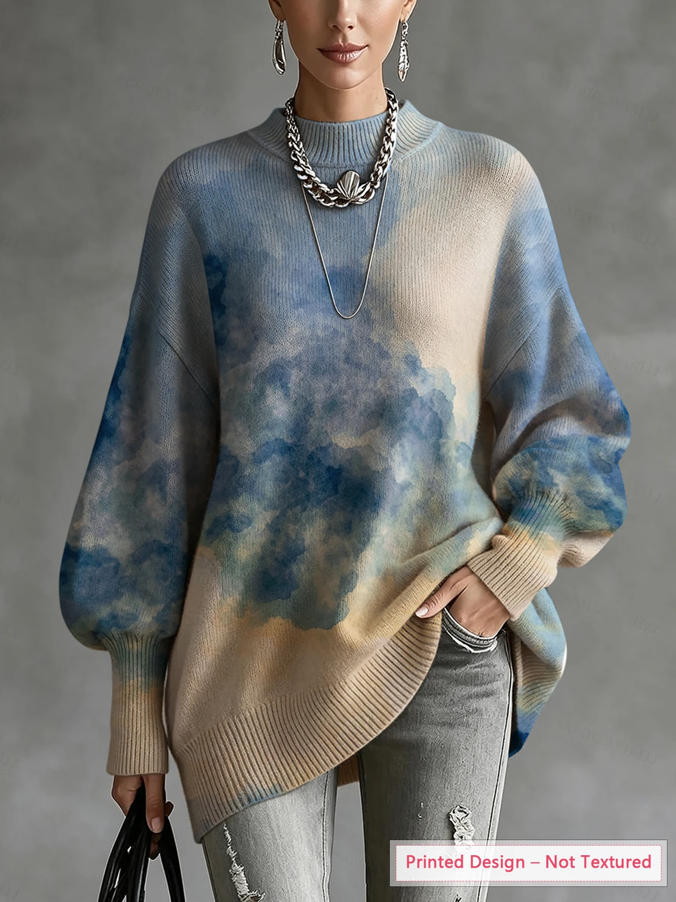 Women's Knitted Sweater, Thin Style for Autumn and Winter, Artistic Gradient Pattern Print, Diagonal Hem, Lantern Sleeves, Retro Casual Style
