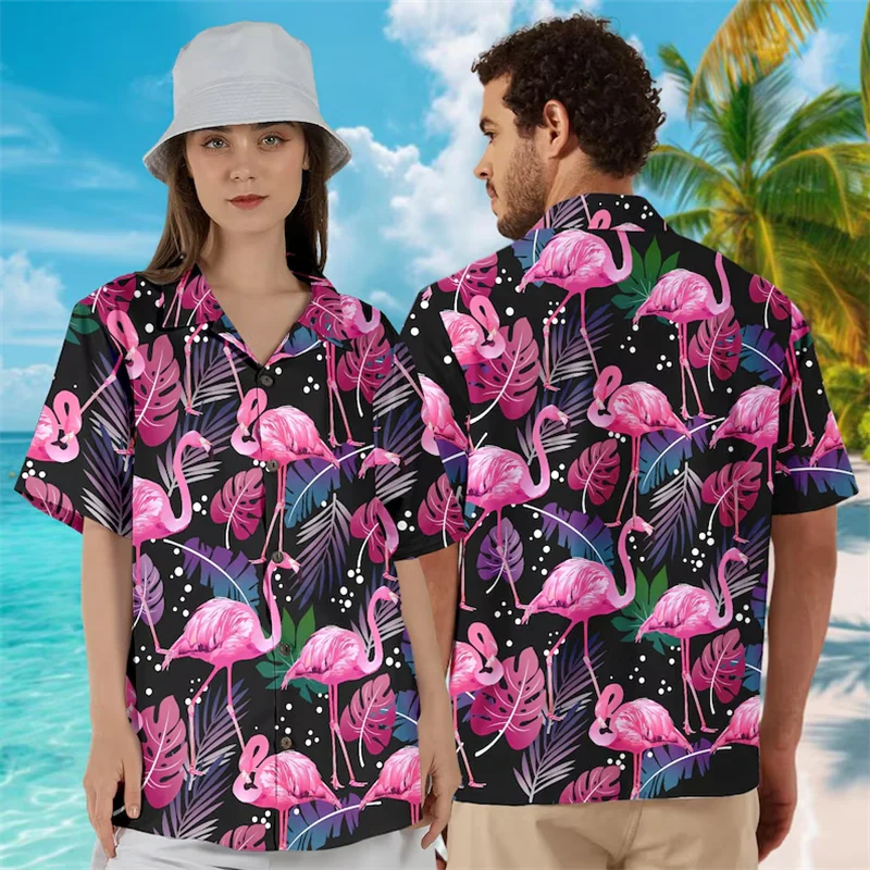

Pink Flamingo Tropical Hawaiian Shirt Men Women Black Pink Flamingo Leaf Print Short Sleeve Casual Beach Tops Man Shirts