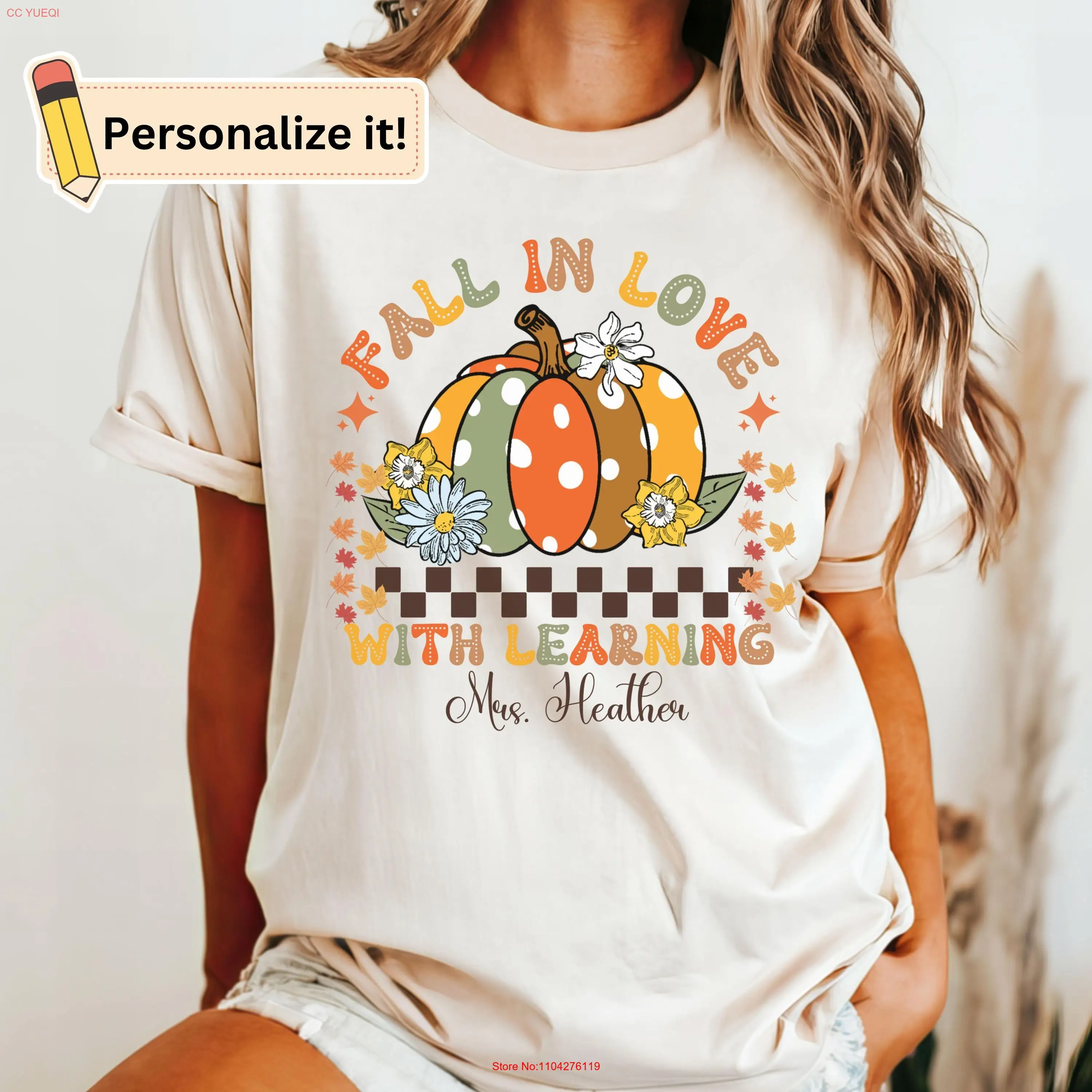 

Comfort Colors Personalized Fall Teacher T Shirt In Love With Learning for Teachers Pumpkin Patch long or short sleeves