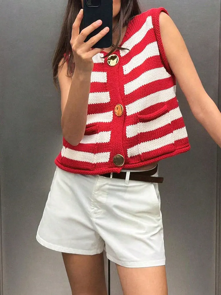 Alta calidad, moda, rayas rojas y blancas, versátil, hebilla de Metal, chaleco tejido de lana, cárdigan, Tops, chaqueta sin mangas para mujer, nuevo