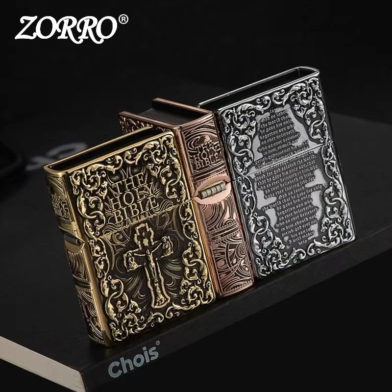 ZORRO Armor Bible Embossed Pure Copper Kerosene Lighter Classic Grinding Wheel Ignition Windproof Cigarette Accessories Gadgets