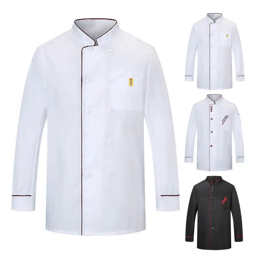 

Chef Shirt Stand Collar Long Sleeves Patch Pocket Chef Uniform Stitching Striped Trim Chef Top Service Bakery Shirt Work Clothes