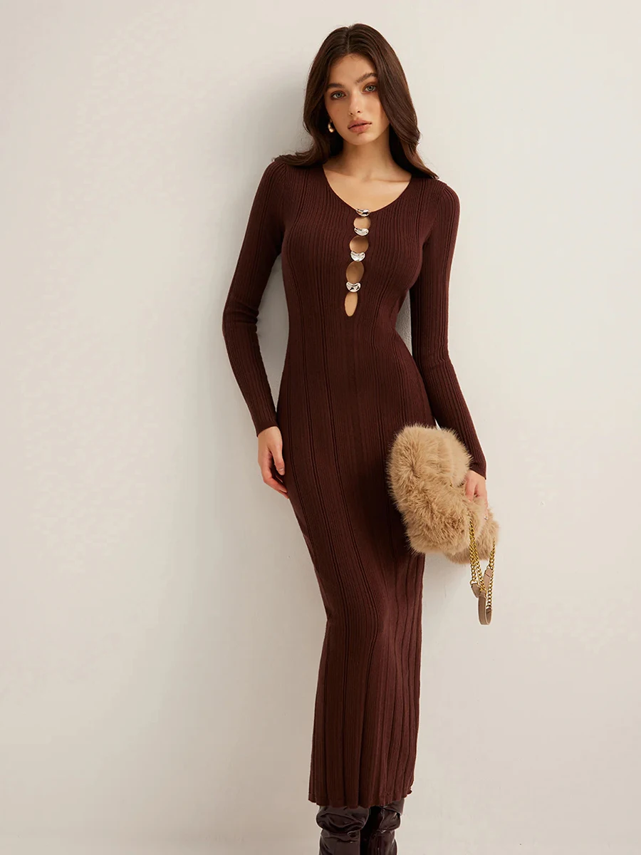 New Women's Cut Out Knitted Dress Hollow Out Round Neck Basic Sweater Dress Lady Fashion Bodycon Slimming Long Dress Elegant