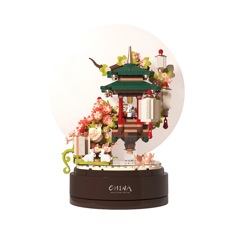 

Creative Rabbit Moon Pavilion Music Box Mini Block City Street View Figures Model Building Brick Assemble Toy For Kids Gifts