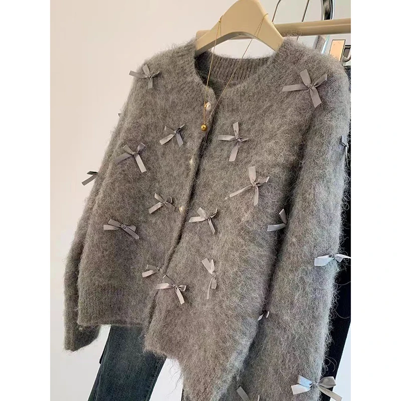 French Temperament Grey Bow Sweater Women 2024 Autumn Winter High Grade Soft Glutinous Mohair Knitted Cardigan Fragrant Coat