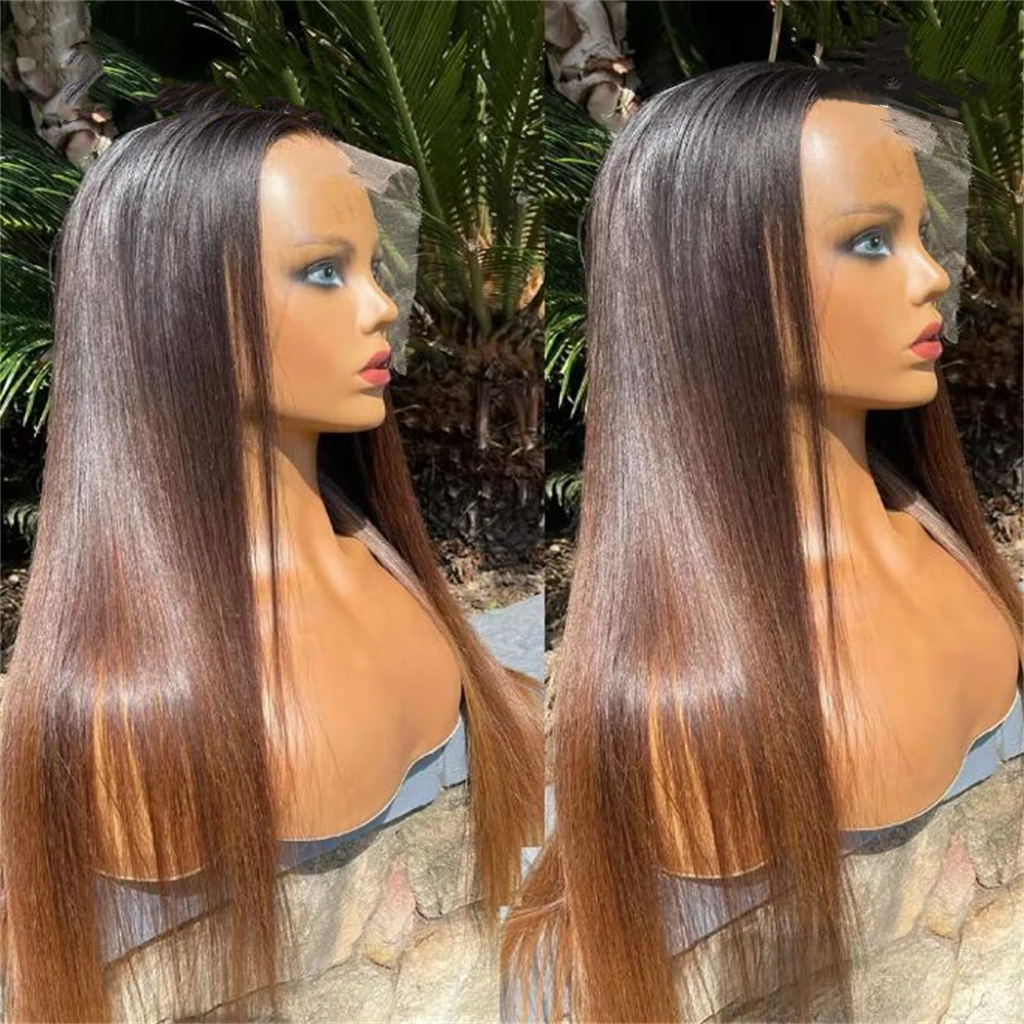 

Ombre Brown 22inch 180Density 5x5 Silk Base Jewish Human Hair Wig Straight With Baby Hair HD Lace European Hair Preplucked