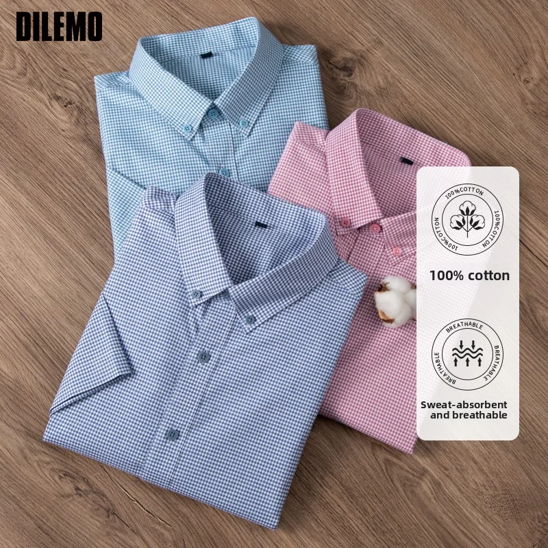 High End Anti-wrinkle 100% Cotton New Summer Brand Checkered Slim Fit Shirt Korean Short Sleeve Casual Fashion Men Clothing