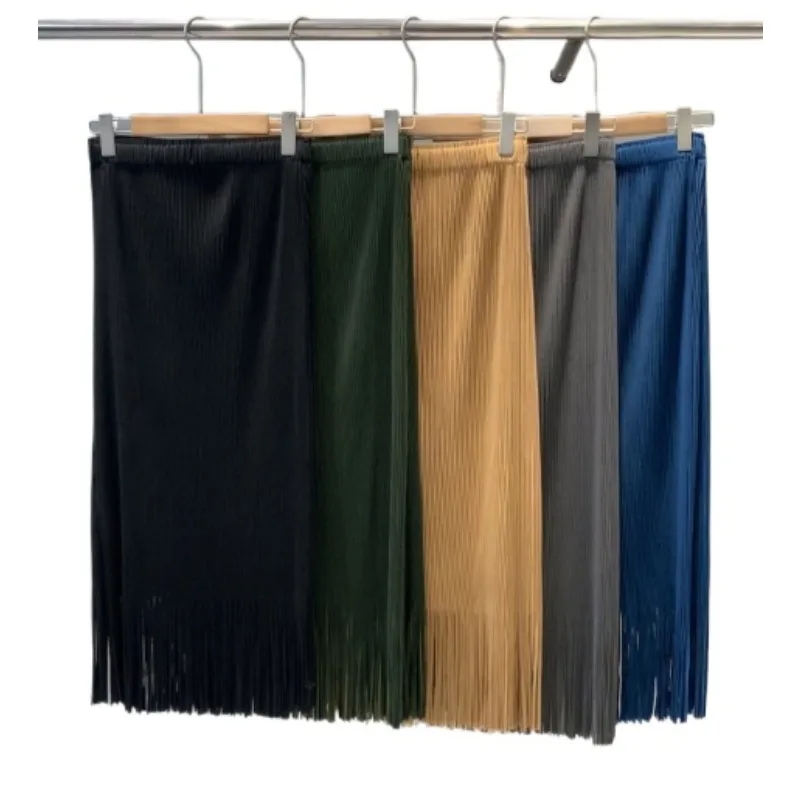 กระโปรงพลีททรงตรงยาวสไตล์เกาหลีสำหรับผู้หญิง ดีไซน์พู่ห้อยเรียบง่าย สวมใส่สบายๆ เหมาะกับฤดูใบไม้ร่วง เอวยางยืด สไตล์ลำลอง เหมาะสำหรับเดินทางไปทำงาน