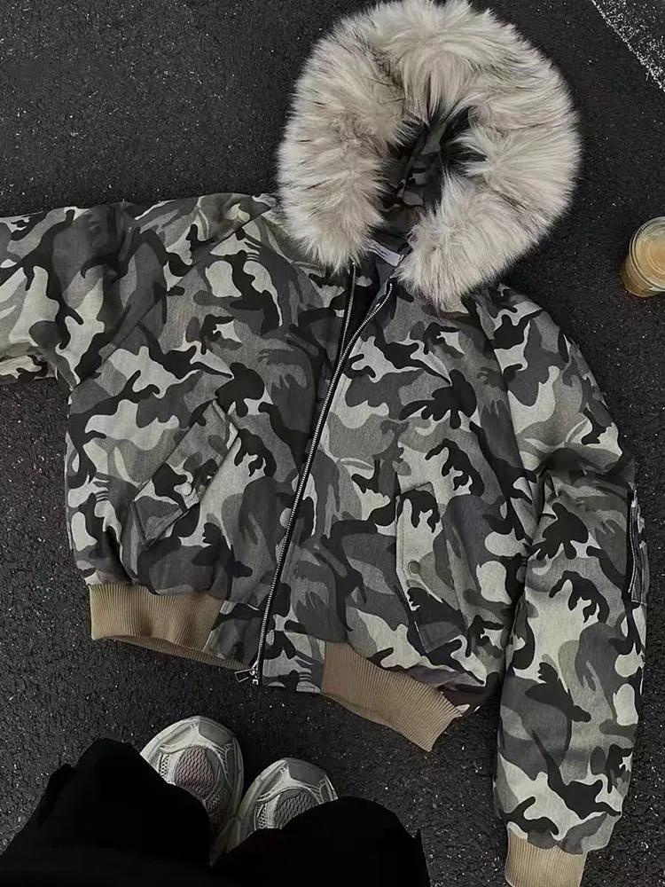 Vintage Camouflage Parkas Women Winter Thick Warm Fluffy Fur Hooded Padded Coat Y2K American Streetwear Patchwork Down Jacket