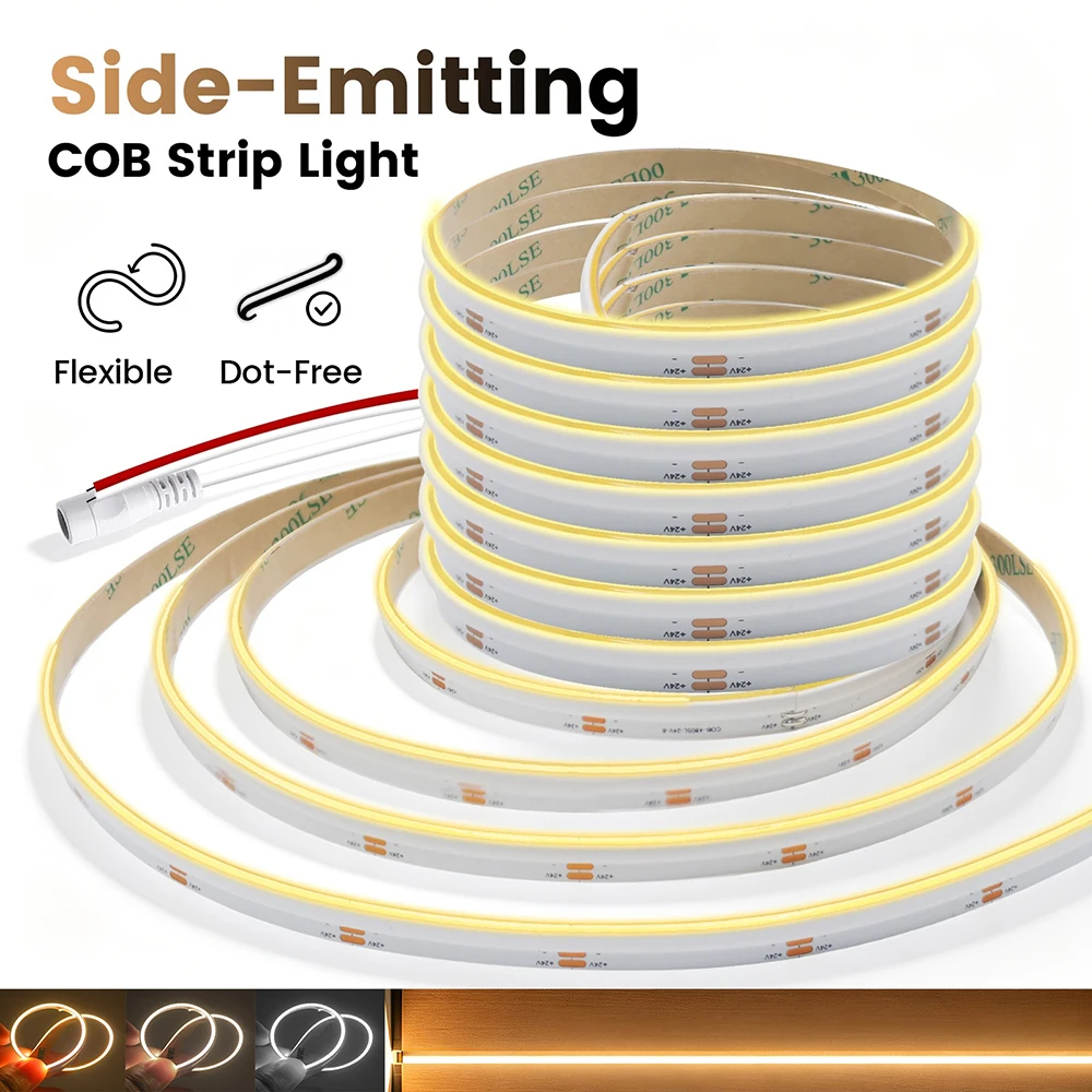 2mm Ultra Thin Side COB LED Strip Light DC 24V 12V 3000K 4000K 6000K 480LEDs/m with 2Pin Wire/DC Plug Flex Tape for Wardrobe