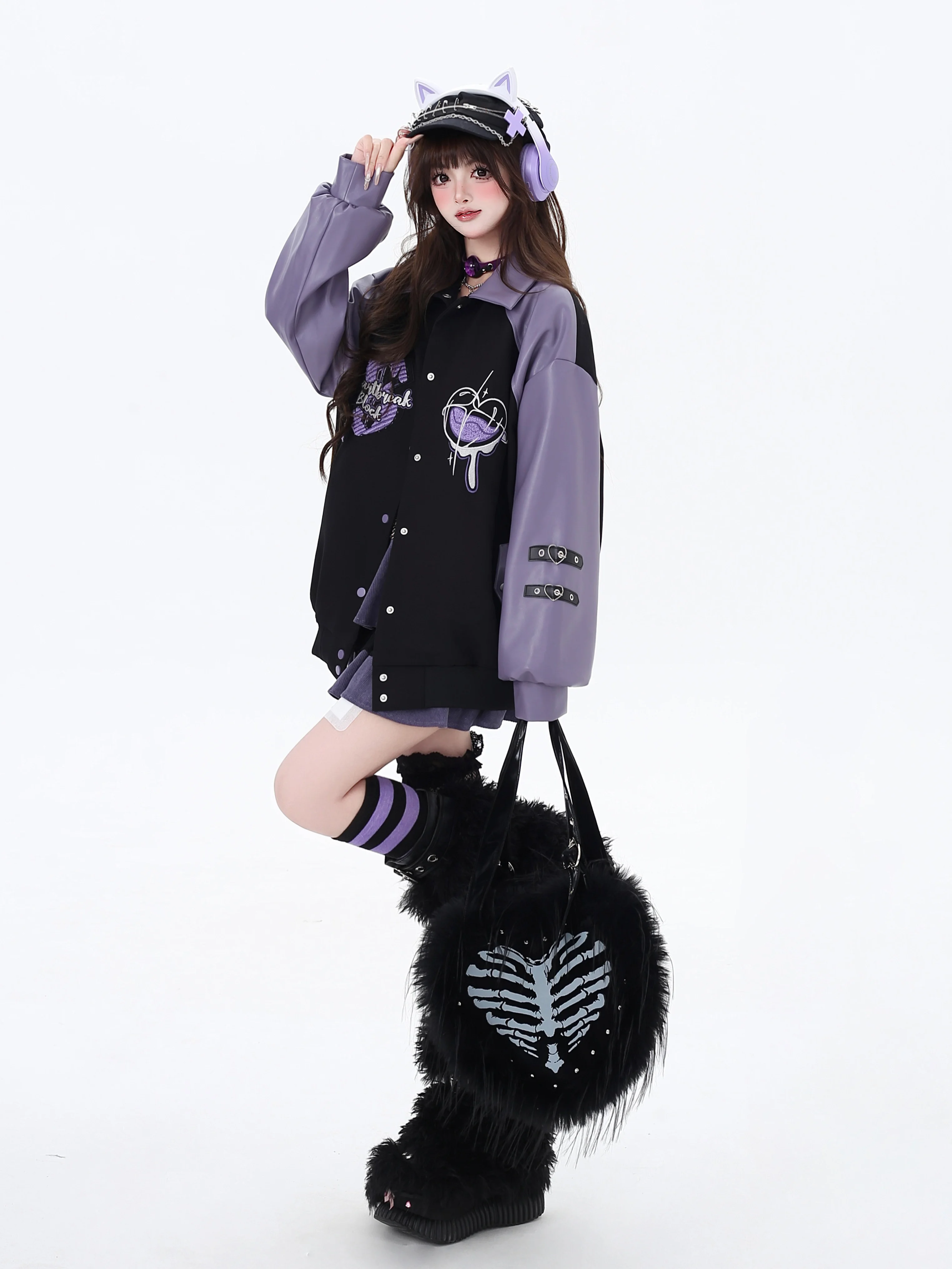 Subculture Black and Purple Embroidered Patchwork Color-Block Heart Baseball Jacket for Women PU Leather Long Sleeve Jackets