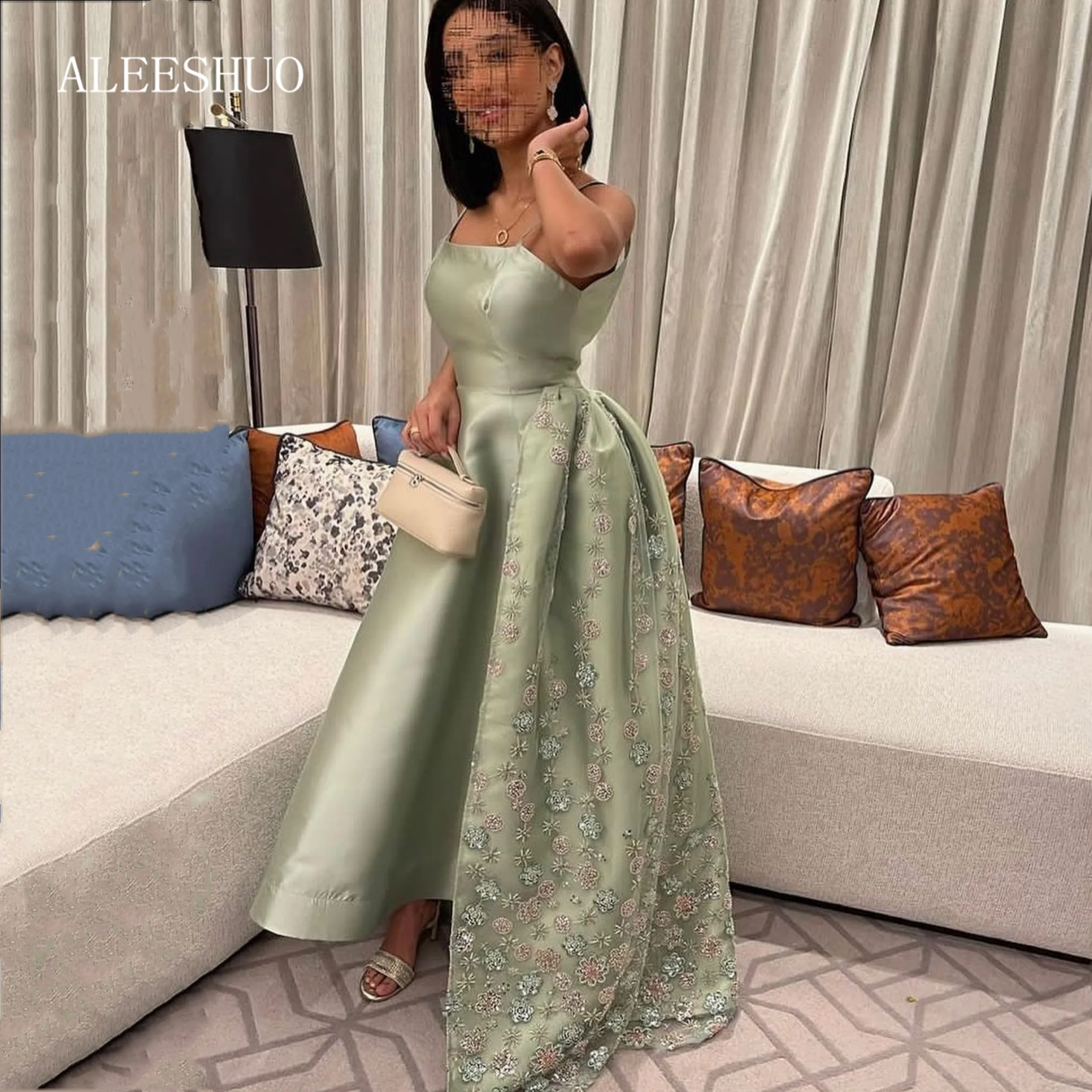 

Aleeshuo Sage Green Spaghetti Straps Party Gown Long Sleeveles Dresses For Prom Sequined Backless Saudi Arabic 2025 Customized