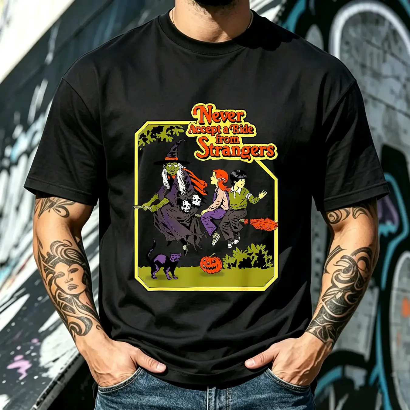 washed T Shirt Never Accept A Ride From Strangers Funny Halloween  vintage Washed graphic Top For Everyday Wear Stylish Unisex