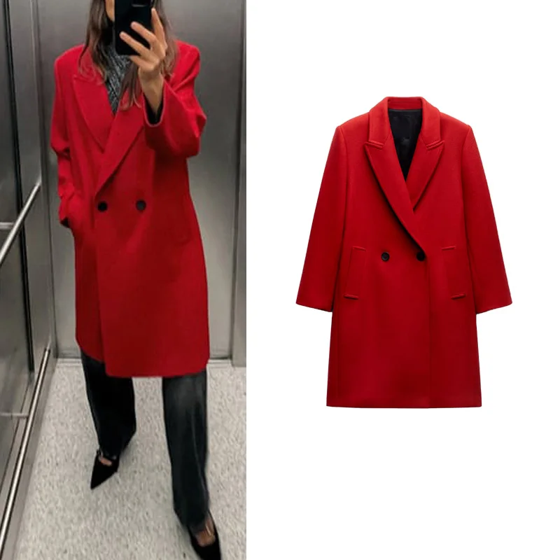 

Hebden Sle Red Woolen Long Coat Double Breasted Suit Collar Autumn Winter New Arrival Women's Premium Faion Outerwear