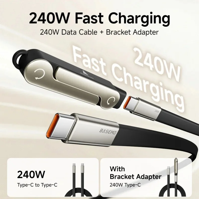 240W Super Fast Charging 360° Rotating Concealed Detachable 2 in 1 Stand Charging Data Cable For iPhone 17 16 Samsung S26 Xiaomi