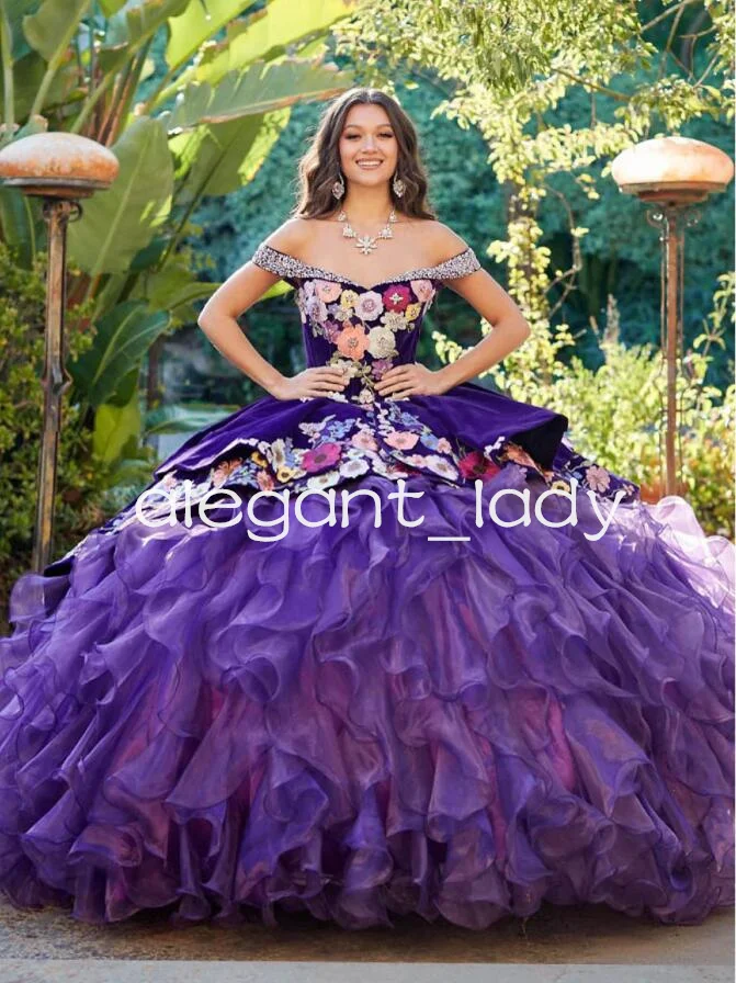 Purple Velvet  Charro Quinceanera Dresses Off Shoulder Floral Crystal Corset Ruffles vestido de 15 años quinceañera customsized