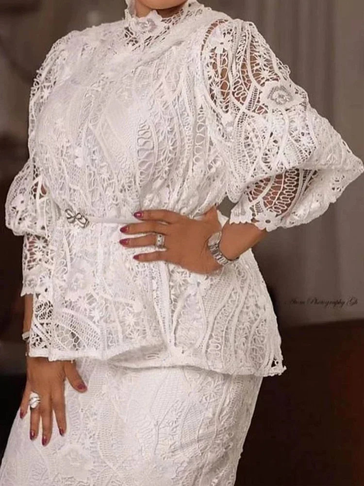 Imagem -02 - Conjunto de Manga Comprida de Renda e Saia Lápis Feminino Roupa com Gola Simulada Vestido Formal de Casamento para Convidados Branco Elegante Peças