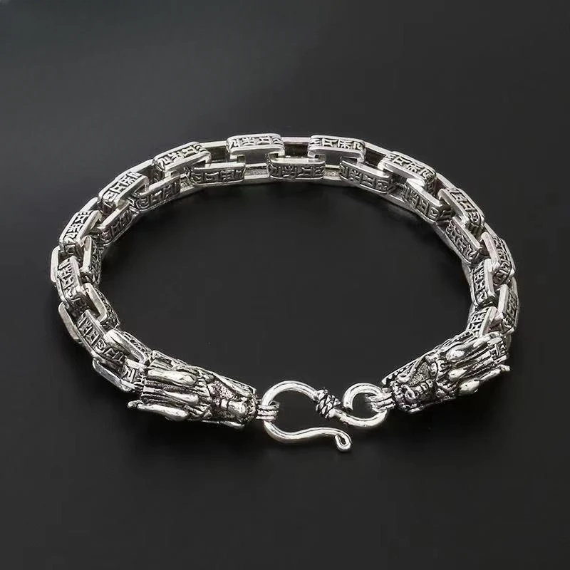 New Silver Color Retro Domineering Men's Dragon Bracelet Six-word Mantra High-end Gift Temperament All-match Jewelry