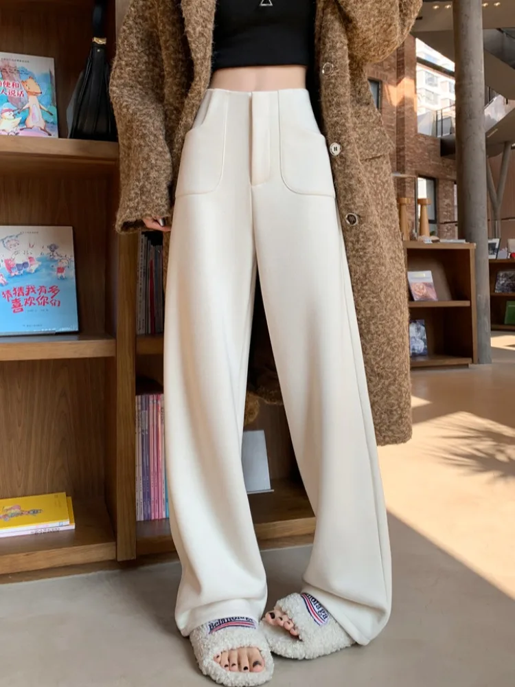 Pantaloni bianchi slim a gamba larga Pantaloni da donna a vita alta drappeggiati dimagranti in lana Pantaloni casual a gamba dritta Autunno Inverno