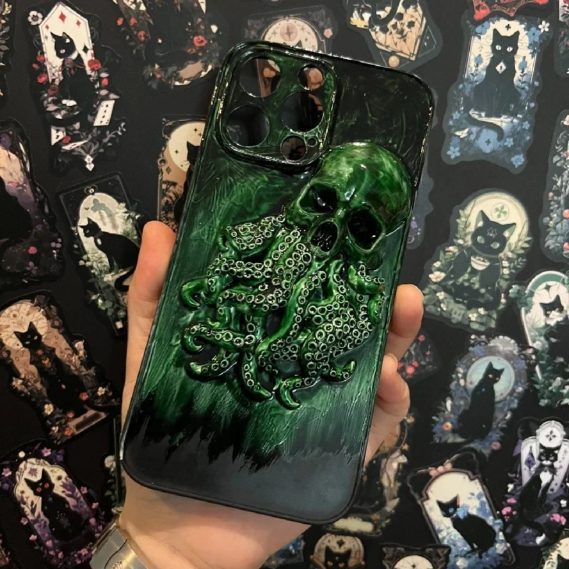 4092 asli 3D buatan tangan casing ponsel Cthulhu tentakel tengkorak gaya gelap casing ponsel kustom natal hadiah Halloween