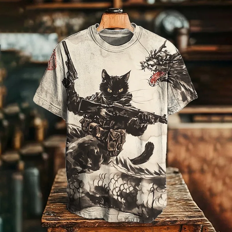 

Men's Tees Vintage Black Cat Warrior Holding A-Gun Riding On A Dragon Print Casual T-shirt Japanese Style Harajuku 2025 Chic Top