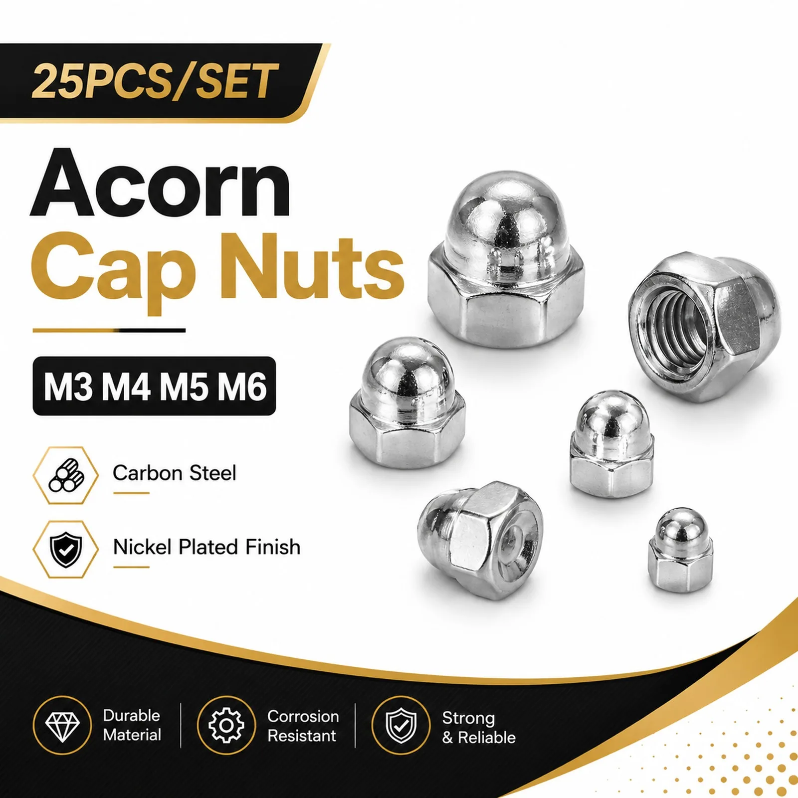 25-200pcs M3-M6 Hexagon Cap Nuts, Carbon Steel Dome Nuts Decorative, Acorn Cover for Screws, Home Improvement & DIY Hardware