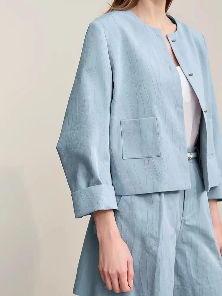 Chaqueta Amii para Mujer, Primavera 2026, Cuello Redondo, Hebilla Metálica, Chaqueta de Jacquard de Algodón, Estilo Retro, Holgada, Manga Larga, 12641110