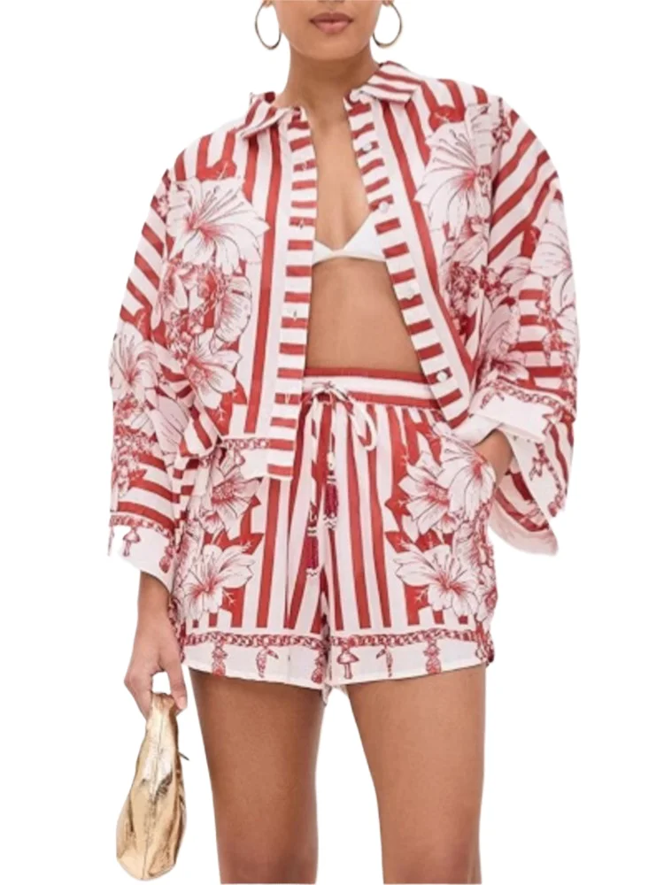 

Casual Printed Two Piece Set Women 2025 Fashion Beach Vacation Button Bat Sleeve Shirts And Drawstring High Waist Shorts 2 Sets