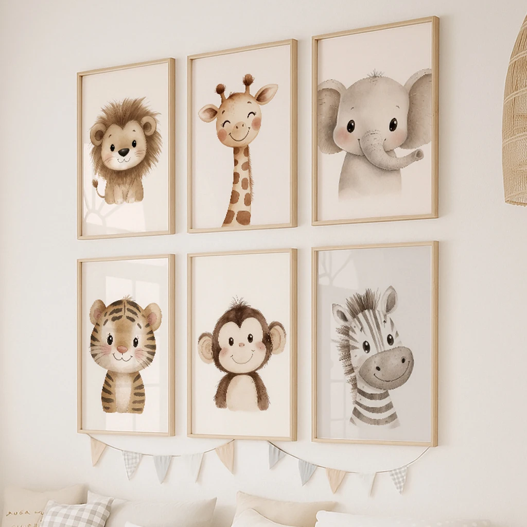Cute Jungle Lion Giraffe Elephant Monkey Tiger Zebra Animal Wall Art Print Canvas Safari Nursery Posters for Kids Room Decor
