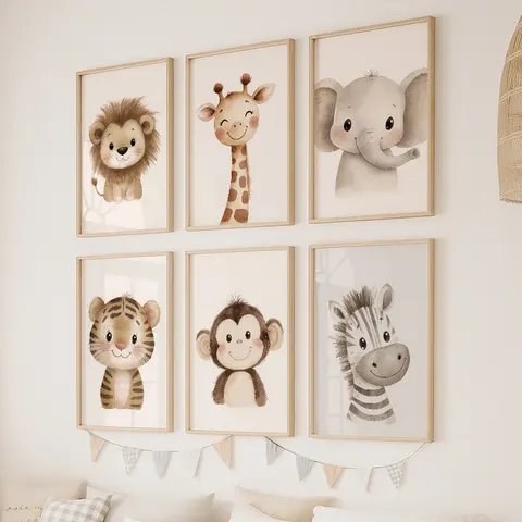Carino Giungla Leone Giraffa Elefante Scimmia Tigre Zebra Animale Stampa artistica da parete su tela Safari Nursery Poster per la decorazione della camera dei bambini