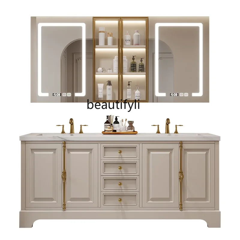 

Luxury European American Smart Oak Bathroom Cabinet Combination Bathroom Stone Plate Washstand Hand Washing Bathroom Cabinet