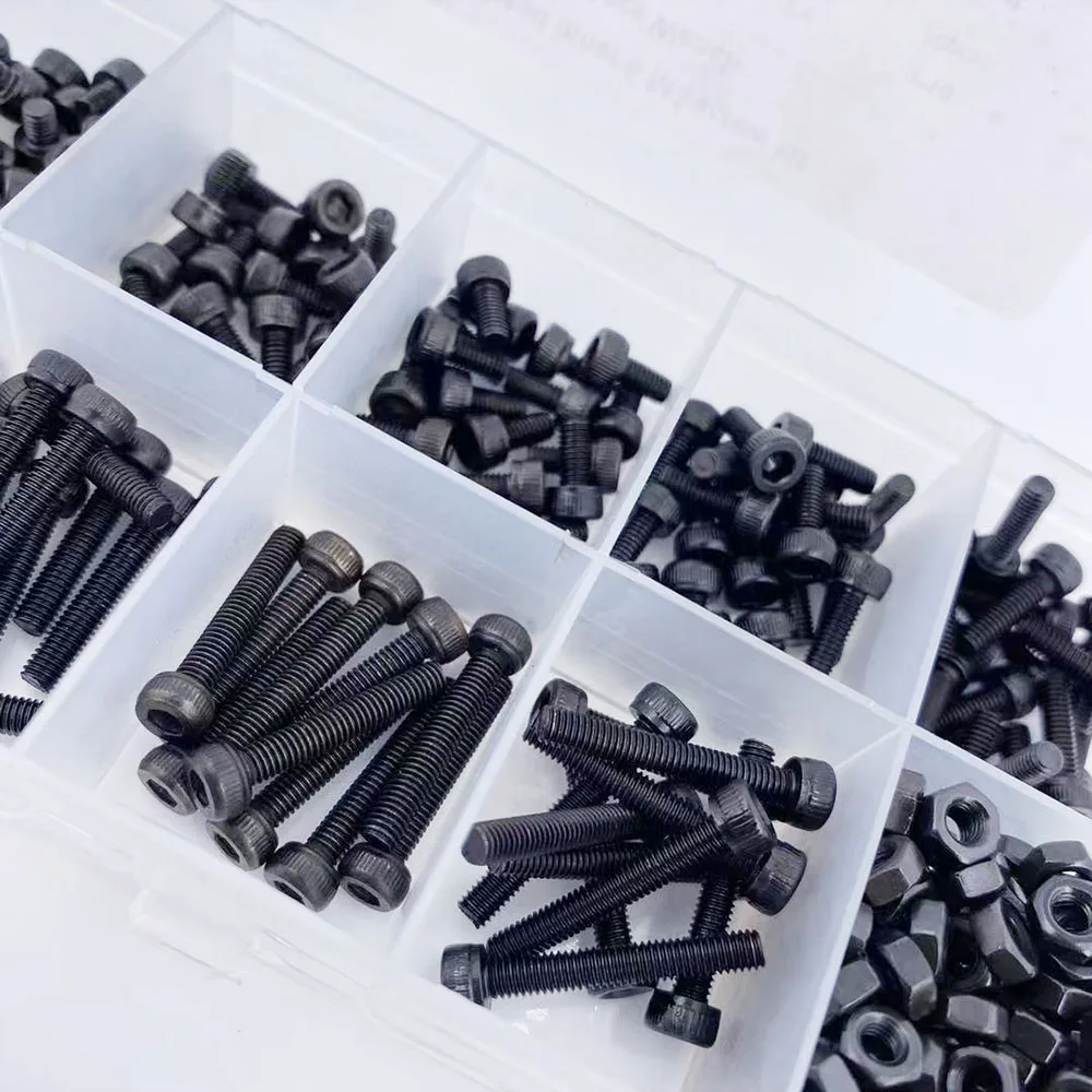 300pcs/set Black Din912 M2 M2.5 M3  Allen Bolt Hex Socket Round Cap Head Screw And Nut Assortment Kit Set