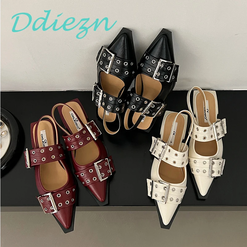 Big size Flats Sandals Women Shoes Spring Metal Buckle Female Footwear Elegant Fashion Pointed Toe Modern Sandals Ladies Shoes