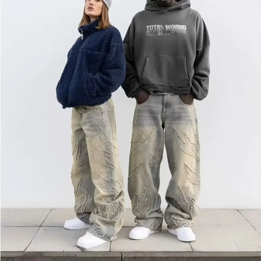 Harajuku خمر الخفافيش نمط التطريز فضفاض الجينز الرجال الشارع السراويل كسول الجينز #3