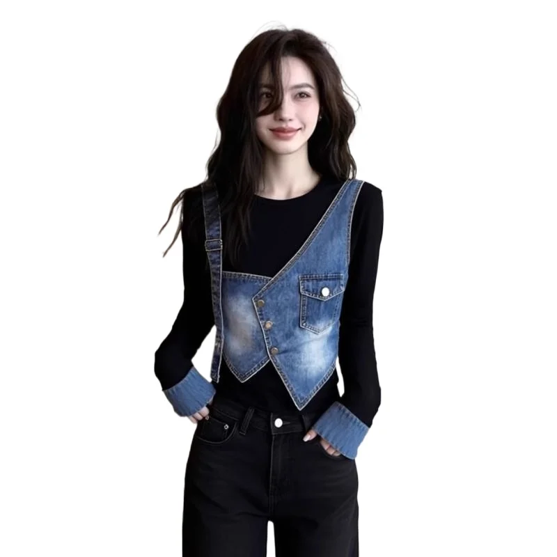 Design Sense Light Luxury Style Age-reducing Thin Top Women's 2026 Spring Autumn Retro Loose Denim Splicing Fake Two-piece Shirt