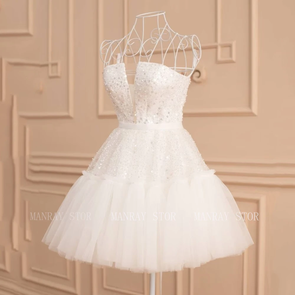 

MANRAY Short Wedding Dresses for Woman Strapless Neck Mini Tulle Bridal Growns Sequin Pearls Above Knee A-line Vestidos De Novia