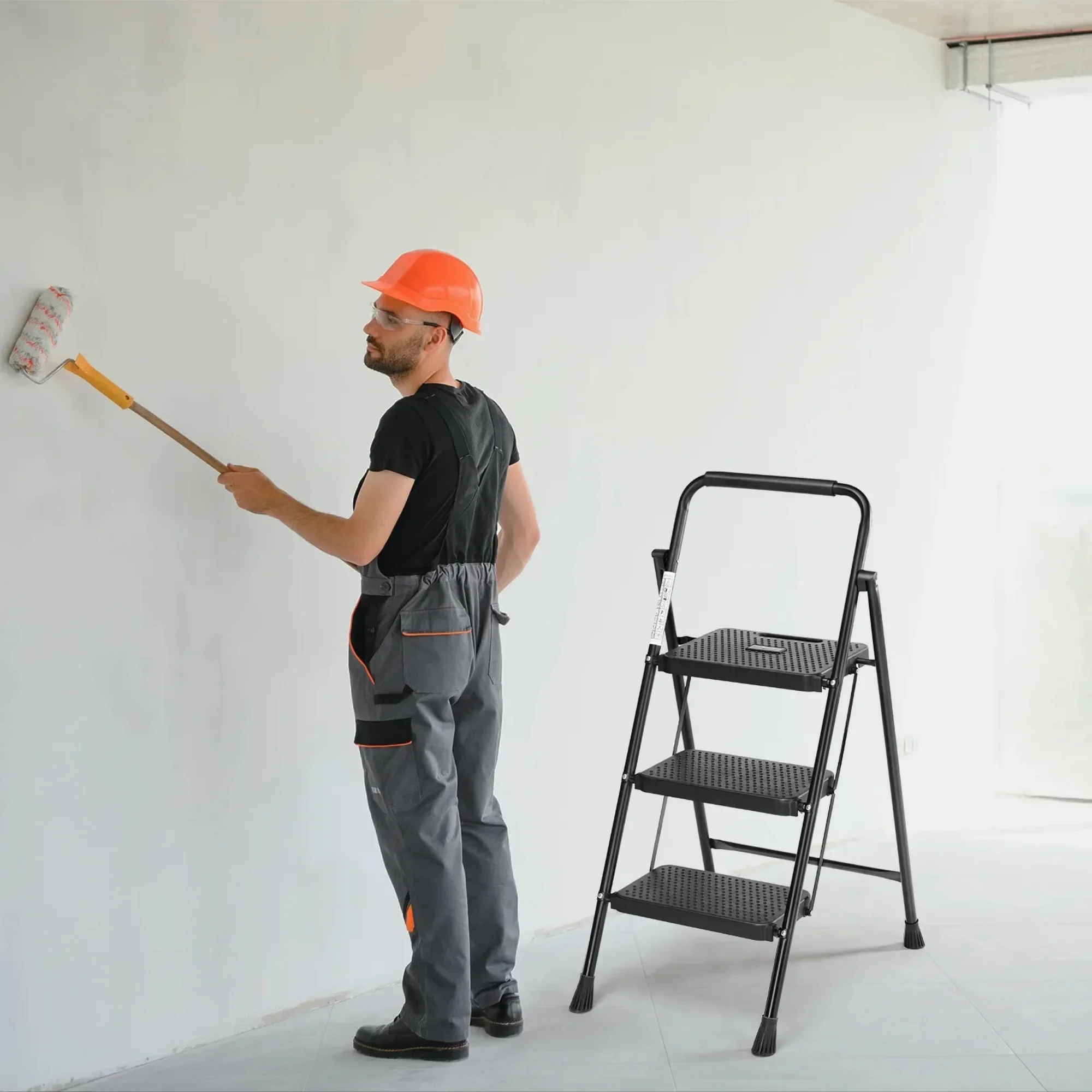 سلم قابل للطي بثلاث خطوات للبالغين، دواسة واسعة مضادة للانزلاق وتصميم مريح، مقعد خفيف الوزن للمطبخ والمرآب والمنزل