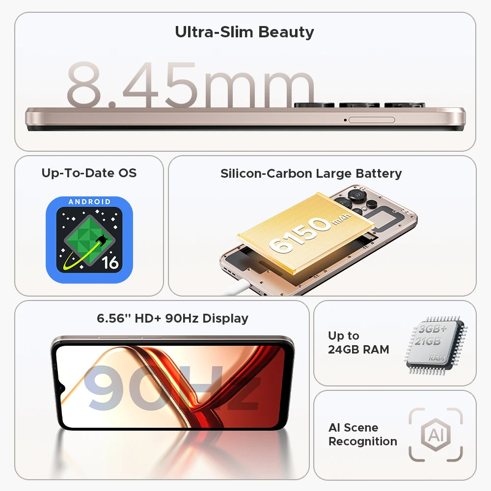 DOOGEE Note56 X 5G mobiele telefoon 8,45 mm slank lichaam 6,56 "90 Hz scherm Android 16 6150 mAh batterij Al scèneherkenning smartphone